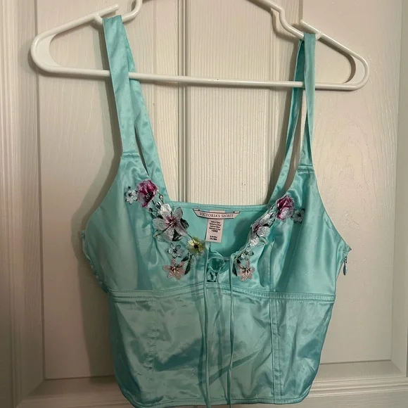 Victoria Secret Floral Embroidered Aqua Corset Top Bralette - Picture 2 of 6
